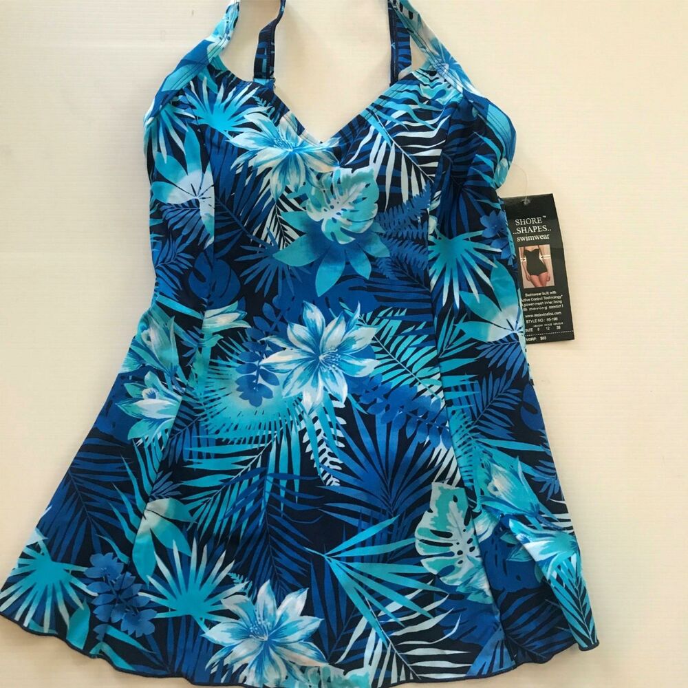 Shore Shapes Swimdress Swim Bathing Suit Blue Floral Skirted  8